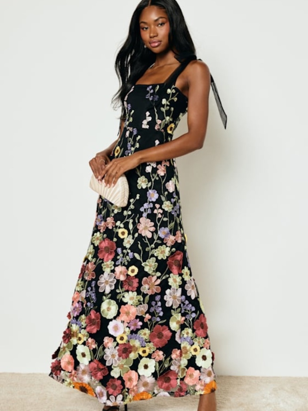 Lulus Thriving Poise Black 3d Floral Embroidered Tie-strap Maxi Dress - Size M